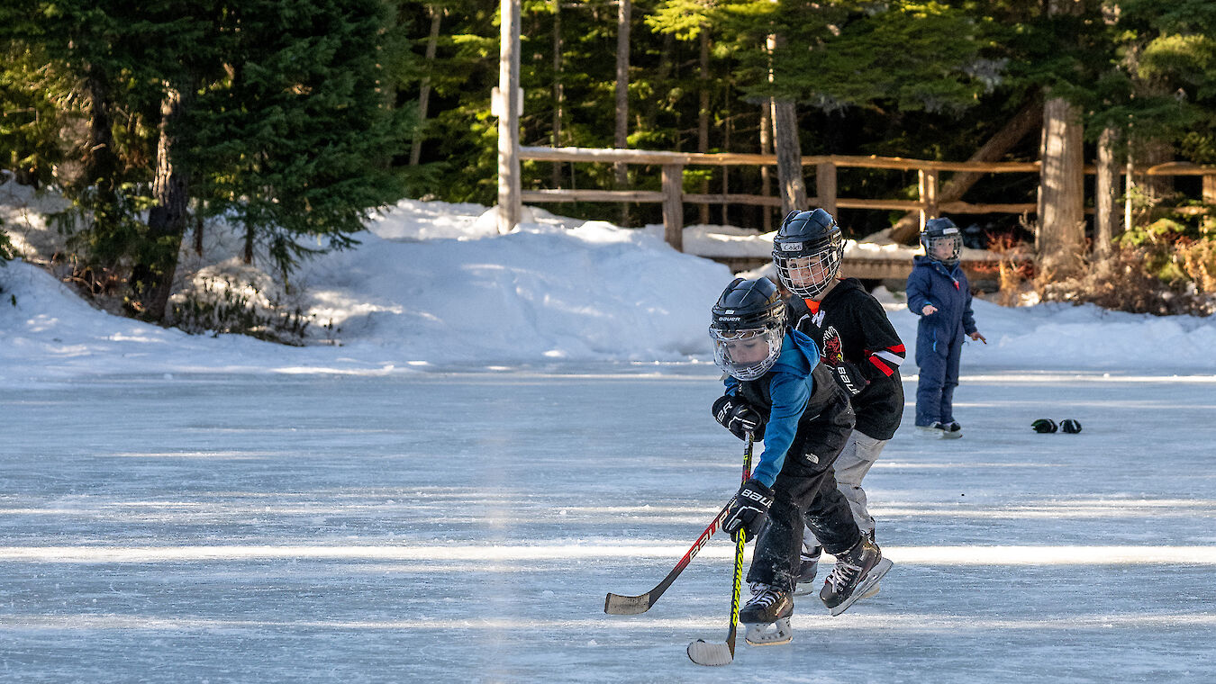 Kids playing hockey on frozen lake