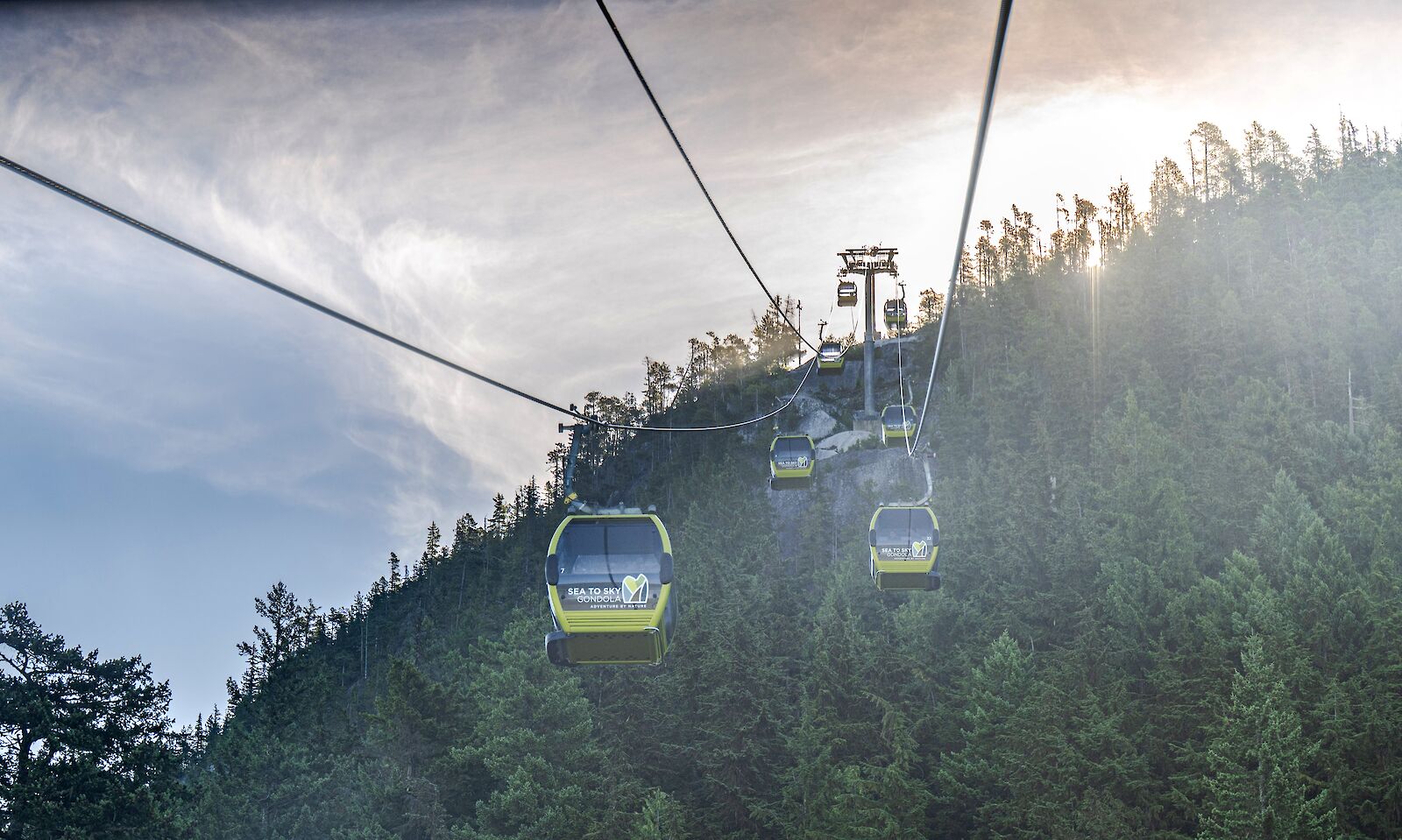 Misty morning sunrise heading up to the Summit on the Sea to Sky Gondola